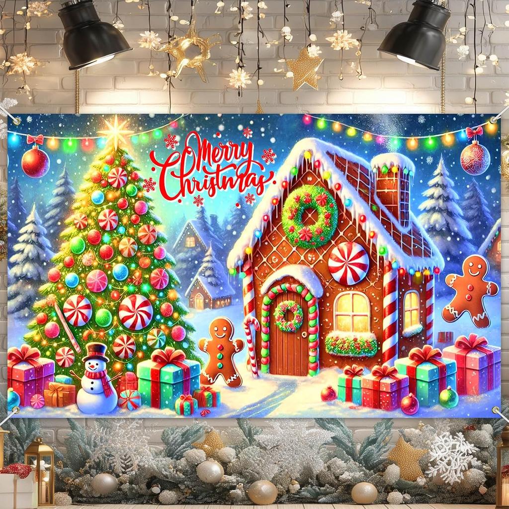 Gingerbread snowman Christmas tree background banner festive winter backdrop for parties photo background wall decoration