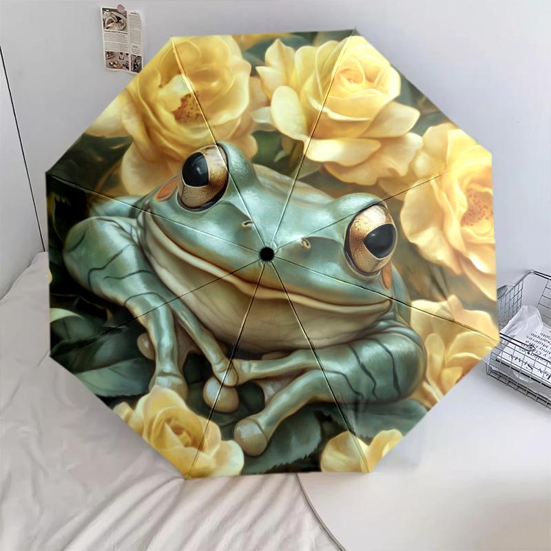 

Frog and Flower pattern, automatic folding umbrella, portable and foldable design, 8 ribs, a Christmas or birthday gift.
