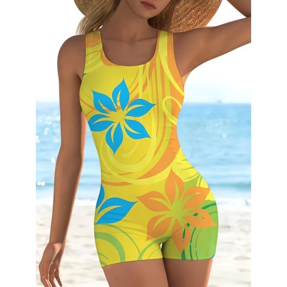 Sommer Strand Pool Bekleidung Blumenmuster Gedruckter Einteiler Boy Short Badeanzug Damen Athletisch Schlank Passend Badeanzug
