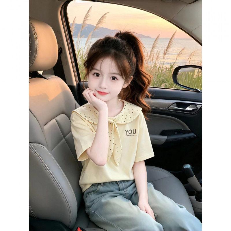 Girls Summer Preppy Peter Pan Collar Short Sleeve T Shirt Casual Cotton Top For Big Kids