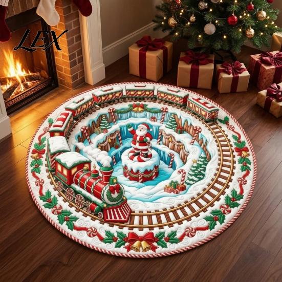 Indoor Decorative Floor Covering Round 3D Christmas Rug, Vortex Optical Illusion Area Santa Snowman Staircase Low Profile Fireplace Mat Depth Pattern,