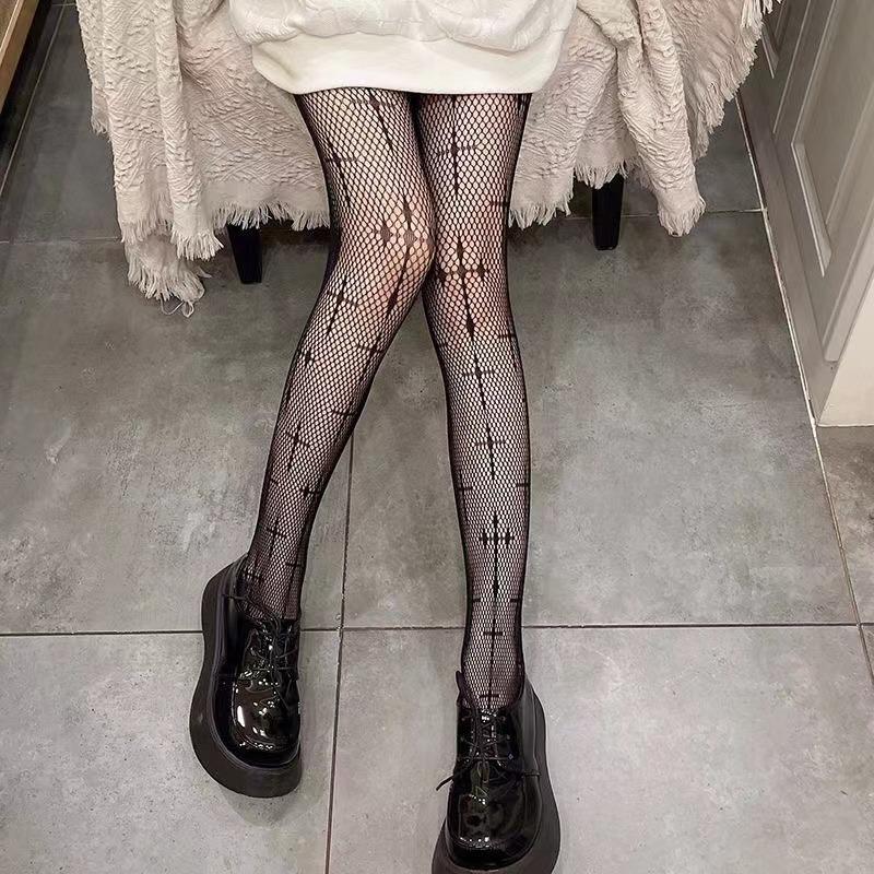 New Goth Lolita Girls Tights Women Sexy Retro Gothic Kawaii Cross Print Club Stockings Nylon Socks Fishnet Pantyhose