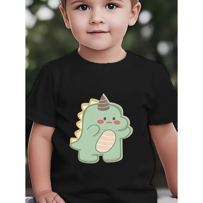 European Sizes Boys' Short-Sleeve T-Shirt with Cute Cartoon Dinosaur Print, Light Green, Round Neck, Adorable Small Horns