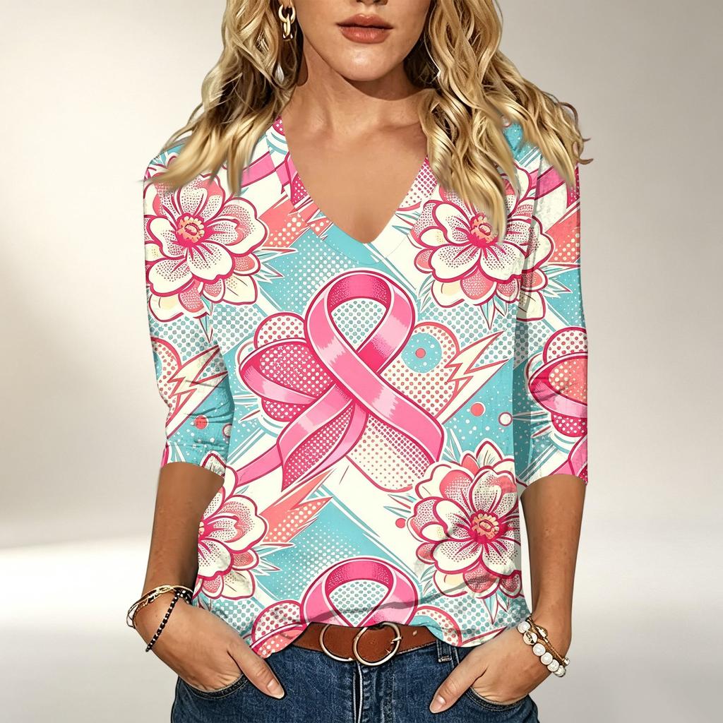 Women's Casual Printed V-Neck 3/4 Sleeve Top