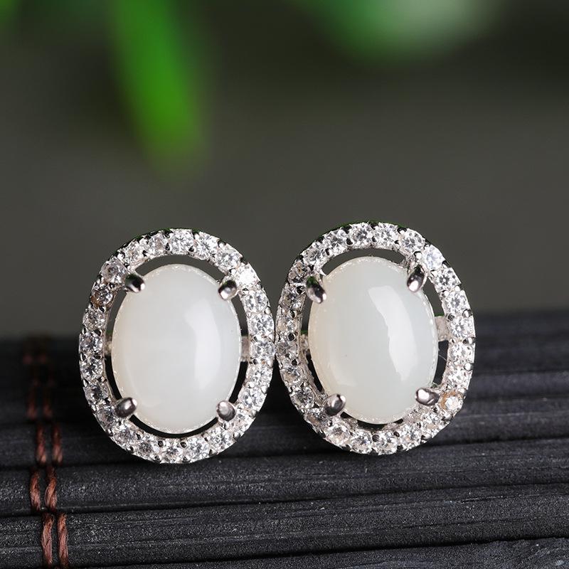 925 Sterling Silver Hetian Jade Stud Earrings with Certificate - Simple Ancient Hanfu Cheongsam Style White Jade Earrings