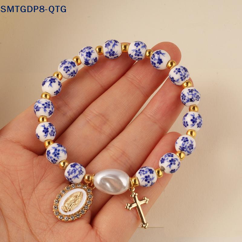NEW Handmade Ceramic Beads Baroque Pearl Bracelet Blue & White Porcelain Cross Jewelry Gift