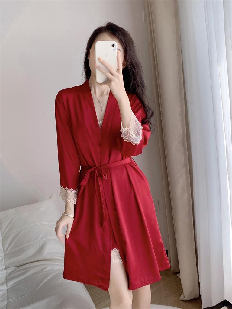 2023 Women's Sexy Summer Two-Piece Pajama Set: Ice Silk Camisole Nightdress & Long Sleeve Robe with Chest Pads