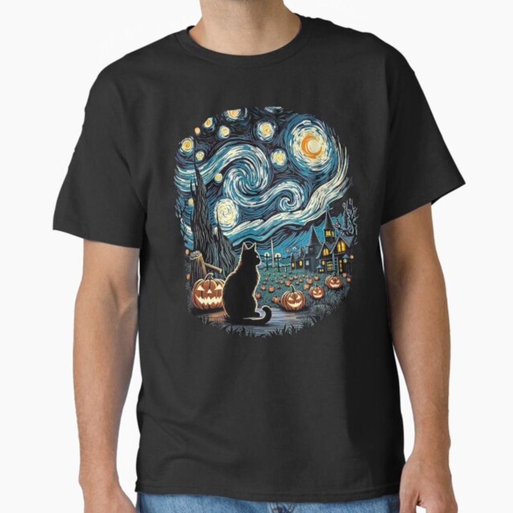 Halloween Black Cat Van Gogh Starry Night Cat Lovers Cat T-Shirt Unisex T-Shirt XXXXL