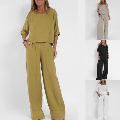 Casual Fashion Pocket Trousers Beach Suit Spring and Summer Short-sleeved Blouse Cotton and Linen Solid Color Two-piece Suit