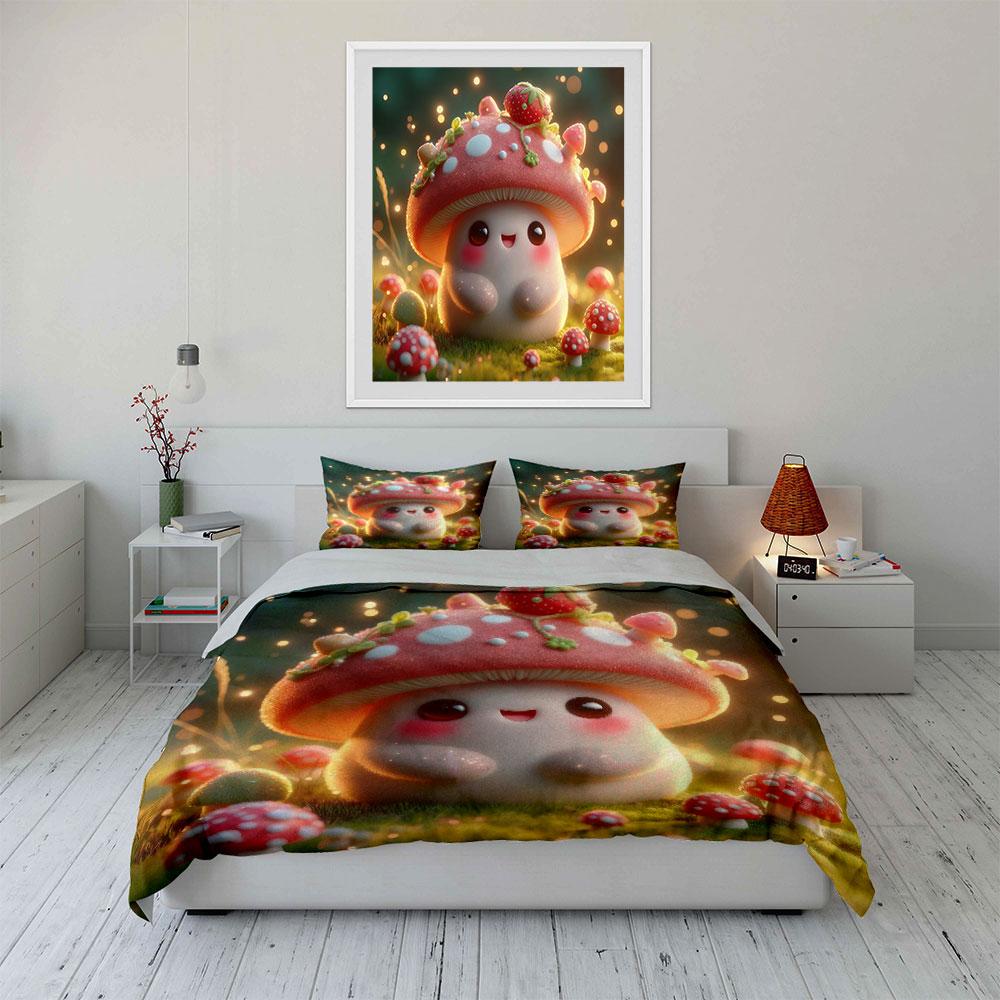Cute Mushroom Trio Home Decoration Bedding Set With 1 Duvet Cover 2 Pillowcases Single Double King Queen, Gift
