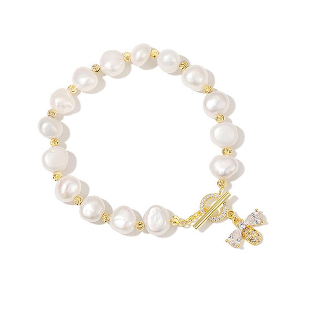 Elegant Imitation Pearls Bracelet for Women Crystal Honeybee Pendant Handchain Adjustable Wristchain Accessory