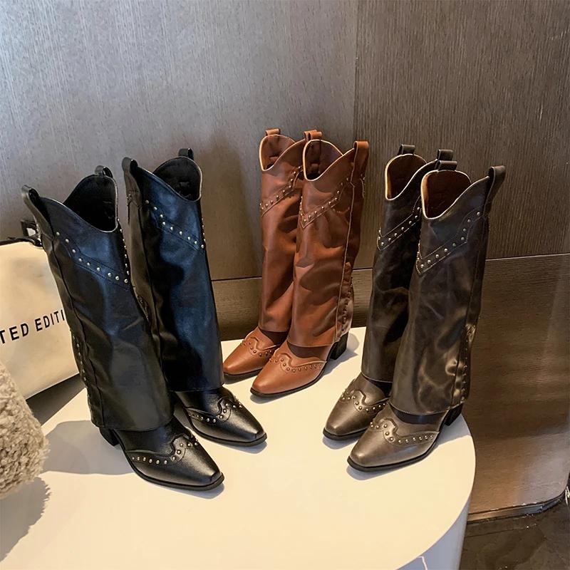 New Winter Woman Thigh High Boots Fashion Zippers Long Knight Booties Ladies Thick Solec Thick Heels Pointed Toe Mid-Calf Botas