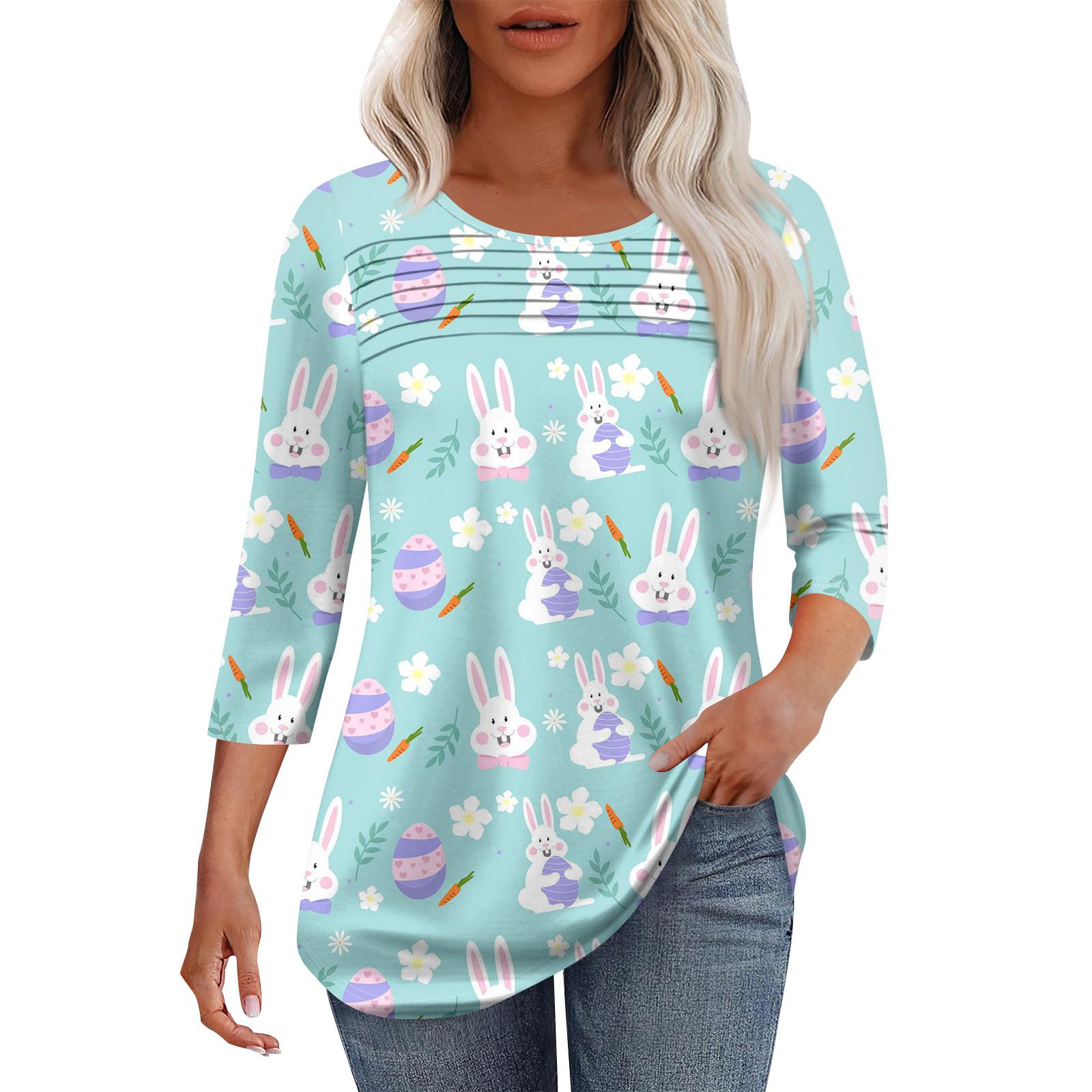 

Жіночий модний топ з круглим вирізом, плісованими передніми планками та принтом, рукавами 3/4 S