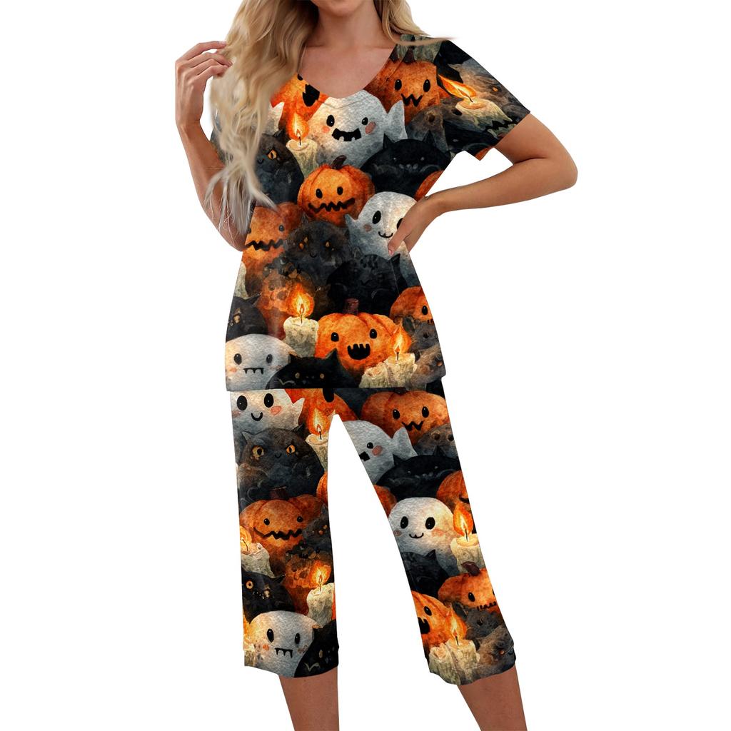 Women Two Piece Set Halloween Print Short Sleeve Top and Capri Pants Lounge Wear Casual Pajama Set