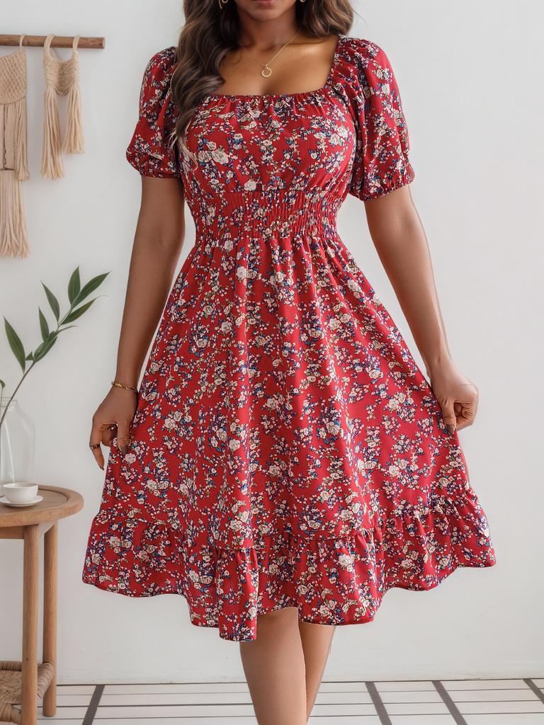 Real Shot Women's Skirt Spring and Summer New European and American Floral Square Neck Short Sleeve Waist Ruffled Dress