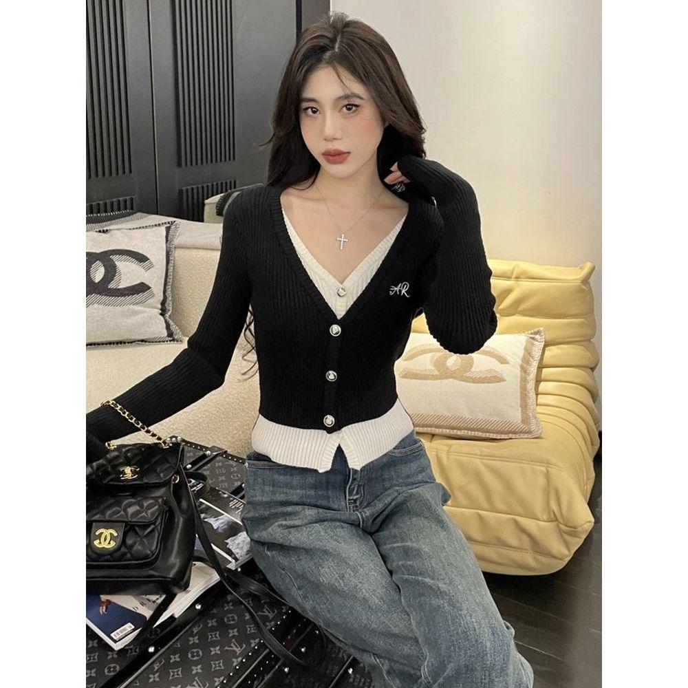 Women's Slim-Fit V-Neck Knitted Cardigan Sweater - Fake Two-Piece, Autumn/Winter 2025