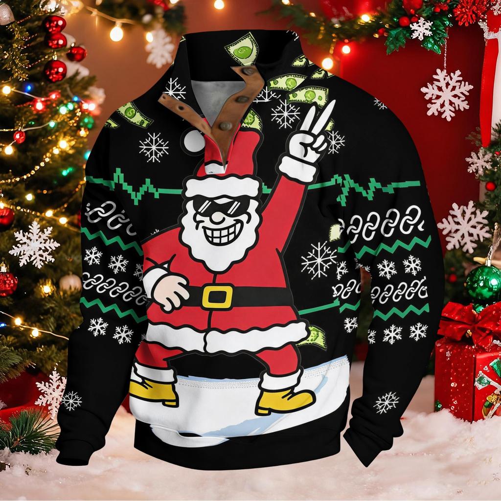 Men's Funny Novelty Christmas Print Button Pullover Hoodie Sweatshirt for Holiday Party