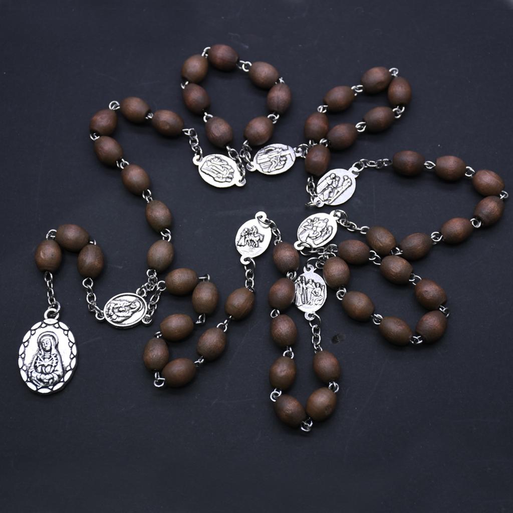 Wood Catholic Rosary Necklace Beads Holy Mother Hanging Pendant Charm for Women Men Church Decoration Meditation Praying