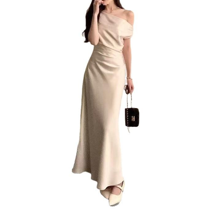 French Temperament High-end Swing Collar Slanted Shoulder Dress Waist-wrapped Hip Acetate Satin Summer New Long Skirt