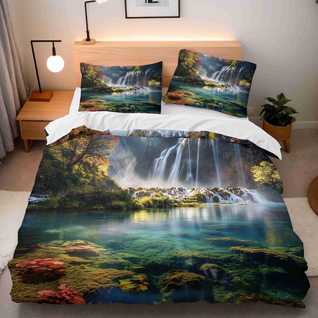 Waterfall Duvet Cover Sets For Teens Adults Queen Quilt Covers Lightweight Down Room Decor 2 Pillowcases 1 Duvet Cover No Quilt
