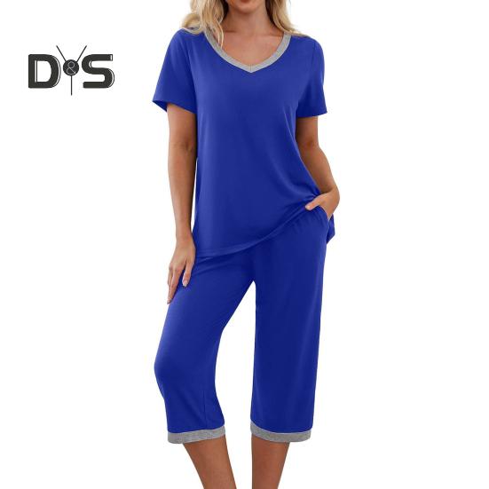 

Женский пижамный комплект с коротким рукавом, V-образным вырезом и широкими укороченными брюками, комплект из 2 предметов для дома, повседневная летняя одежда для сна с карманами XXL синий