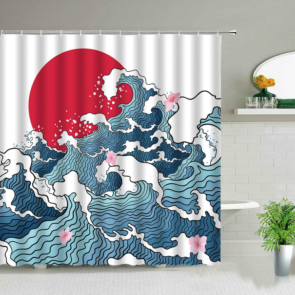 Koi Fish Print Shower Curtain Waves Oil Painting Landscape Bath Screen Waterproof Fabric Background Wall Decor Cloth Curtains