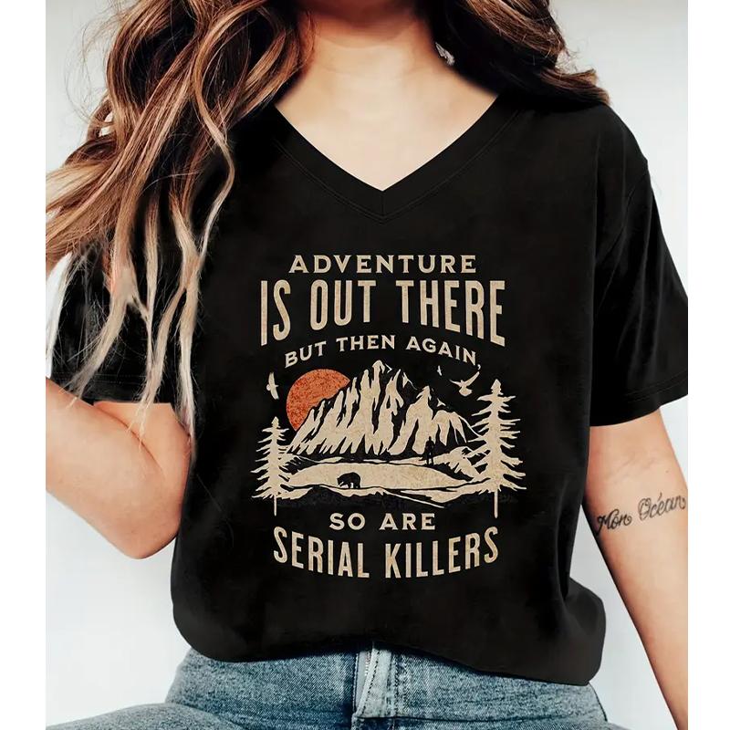 Fashion Mountain Range Painting Blouses Short Sleeved V-Neck T Shirts Casual