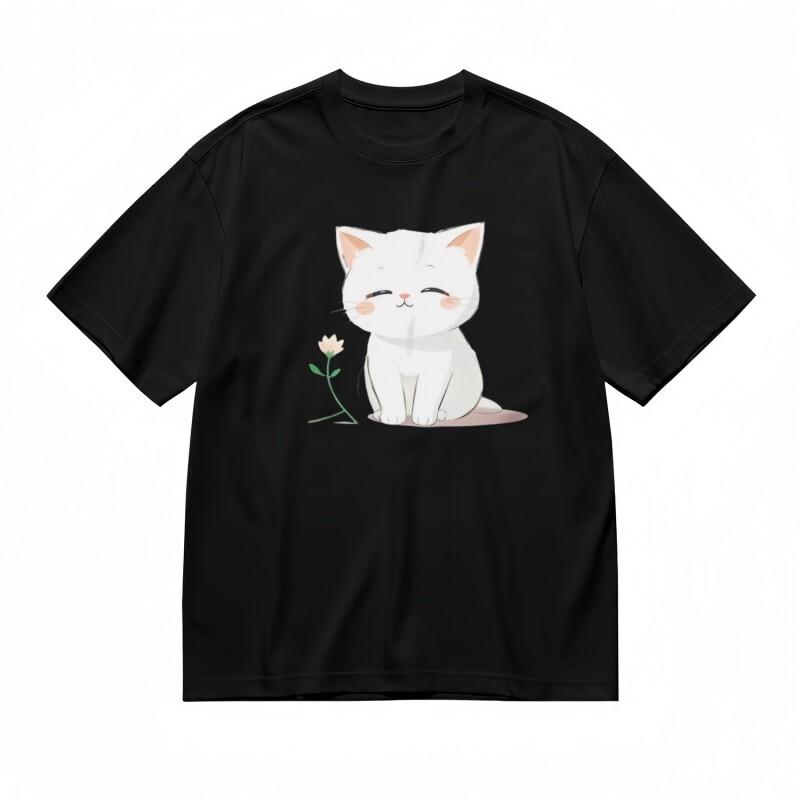 Women's All-Season Soft Classic T-Shirt Cheerful Feline and Botanical Print Tee