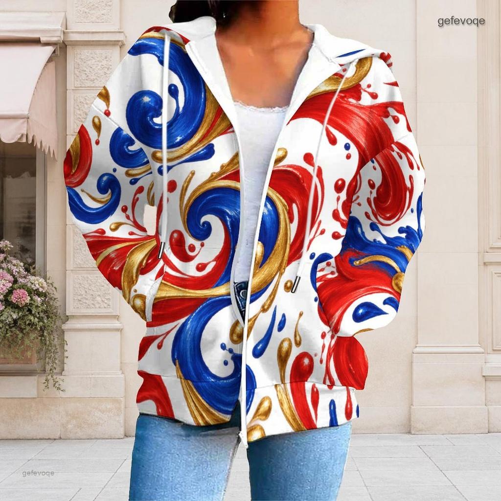 Women Plus Size Zip Up Drawstring Hoodie Long Sleeve Colorful Paint Splash Print With Pockets
