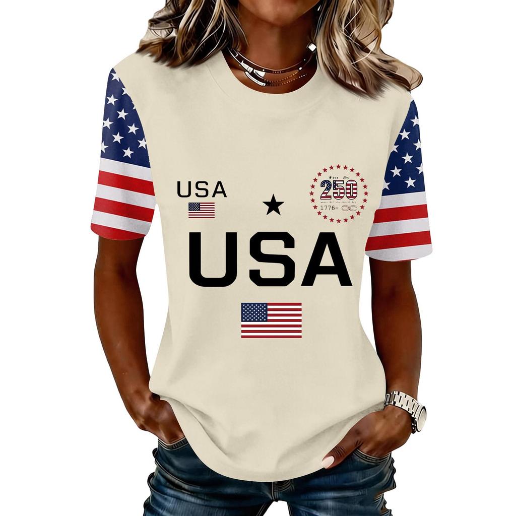 Blusa Feminina da Moda Casual de Manga Curta com Estampa e Gola Redonda