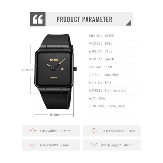 Men's Square Silent TPU Leather Strap Black Simple Thin Stylish Arm Watch Men's Waterproof Business Casual Men's Gift Black Blue Waches for Men
