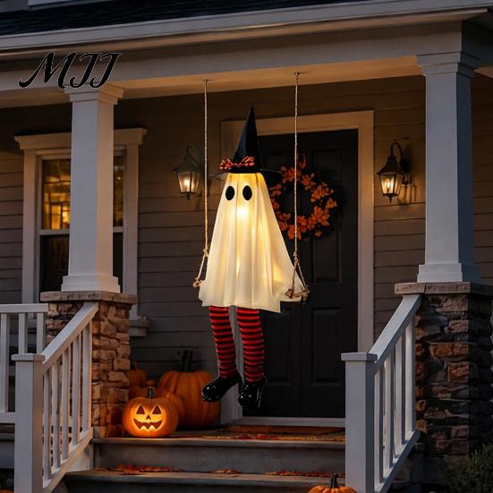 Halloween-Hofdekorationen zum Aufhängen, Schaukelnde Geisterdekoration, Leuchtende Große Schaukel mit Dekoration für Garten, Hexenhut und Gestreifte Beine