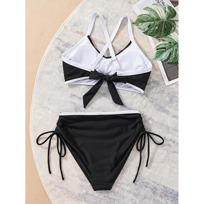 Drawstring Side High Waist Bikini Swimwear Women Black Patchwork Cross Push Up Bandage Cross Bathing Suit Swimsuit