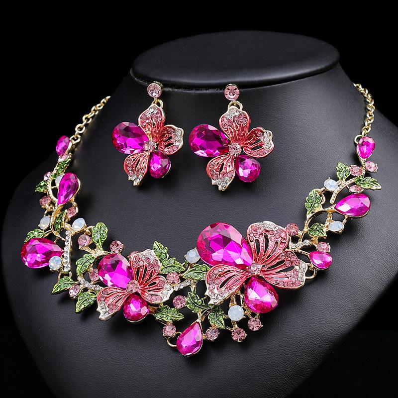 Exaggerated Luxury Necklace & Earrings Set: Colorful Floral Design for Bridal Gowns