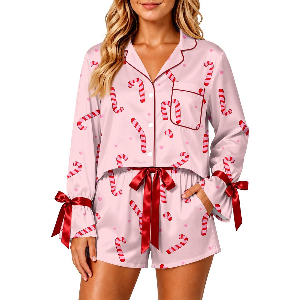Women's Christmas Pajama Set With Button Down Shirt And Shorts, Holiday Sleepwear