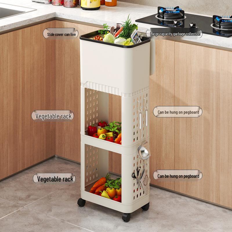 Multi-Layer Kitchen Trash Can & Snack Storage Rack with Lid & Wheels