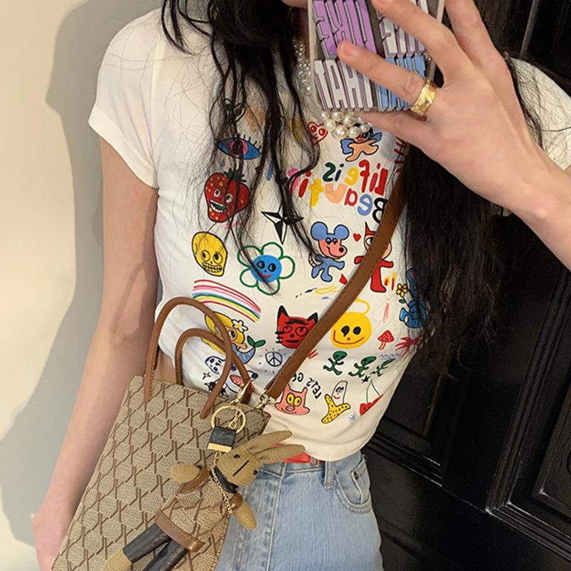 Women's Round Neck Short Sleeve Crop Top Slim Fit Korean Style Cartoon Graphic Print T Shirt 2026 Spring Casual Tee