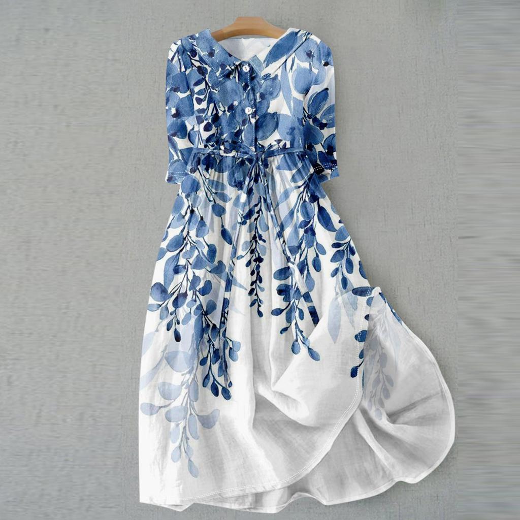 Women's Fashion Casual Printed Lapel Collar Button 3/4 Sleeve Clothing Straps Dress
