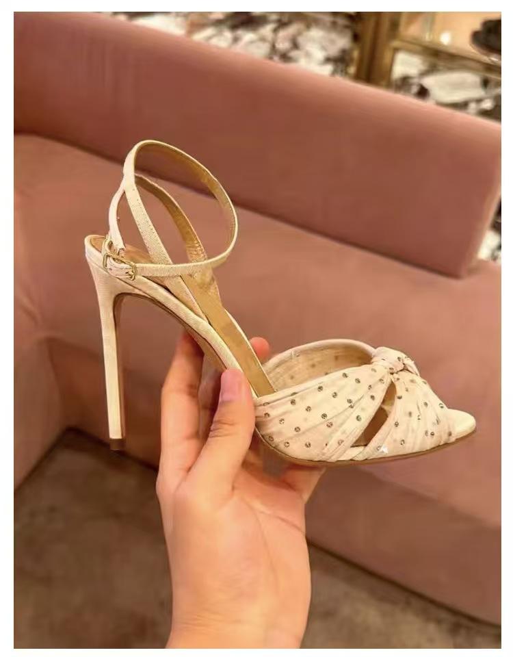 Fashion 2025 Summer New Sexy Rhinestone Bling Bling Sandals Stiletto High Heels Women's Mesh Knotting Slingback Open Toe Buckle Sandals