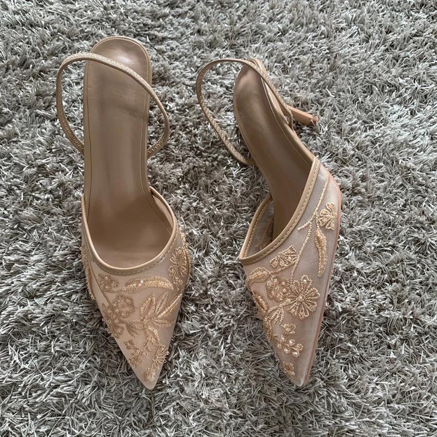 Fashion Mesh Embroidered Fashion Sandals Women String Bead High Heels Mules Shoes Pointed Toe Slingback Slippers Women Zapatos De Mujer