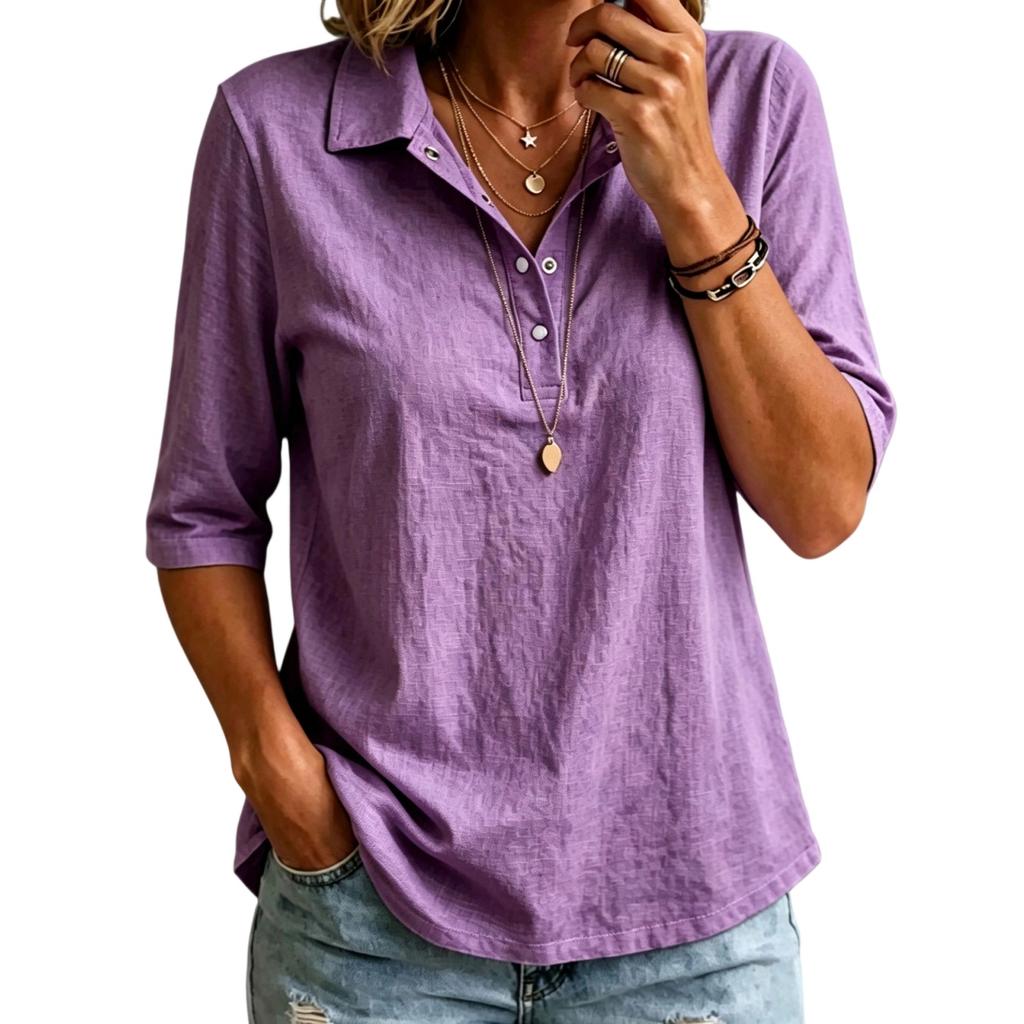 Women Casual Half Sleeve Shirt Lightweight Buttoned Polo Collar Top Relaxed Fit Tunic Blouse for Everyday Wear