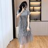 2026 Spring/Summer Plus Size Mesh Patchwork T-shirt Dress, Gray, Short Sleeve, Regular Shoulder Style for Women