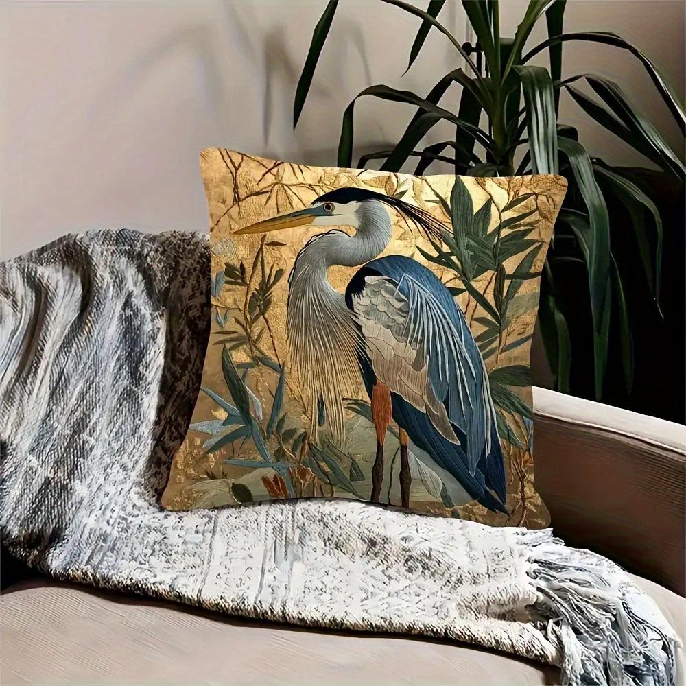 2D Flat- Vintage Golden Heron Print Square Throw Pillow Case Home Decor Cushion Cover For Sofa Bedroom Living Room