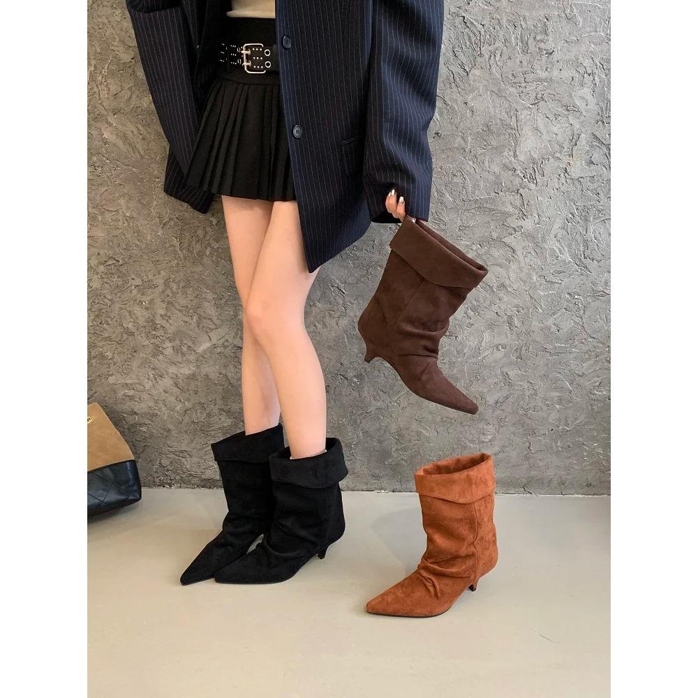 Stivaletti da Donna Vintage Punta Sottile Tacco Basso Scarpe Autunno Inverno Stivaletti Corti