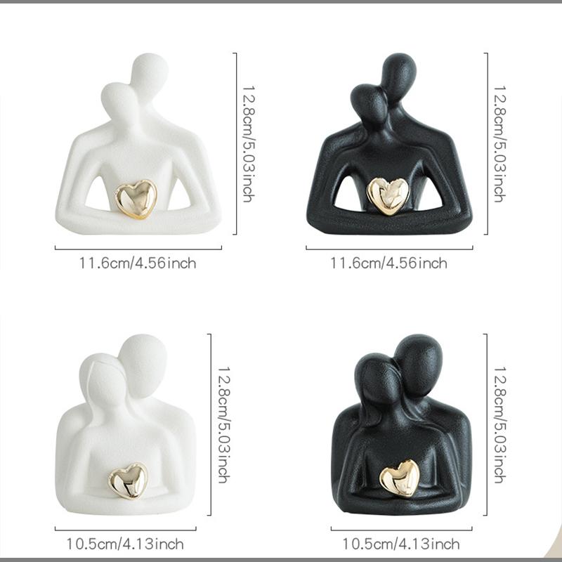 Ceramic Couple Figurine Creative Heart-shaped Human Sculpture Black and White Decorative Figure Room and Office Decoration Gift