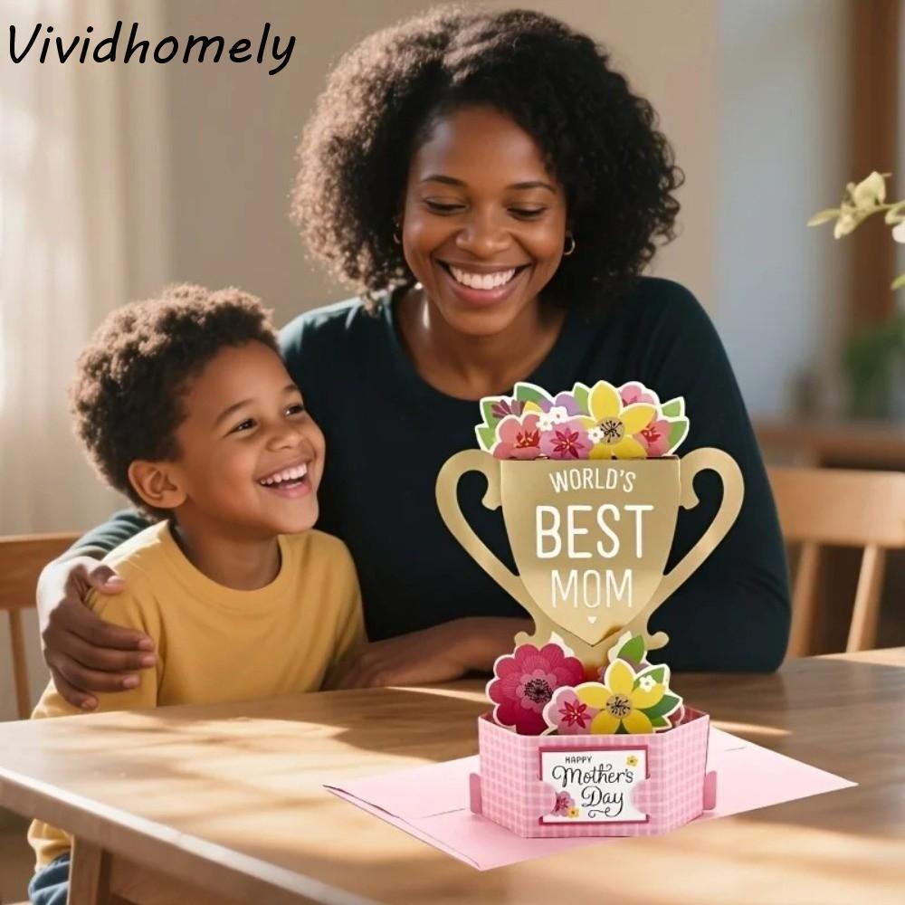 Romantic Mother's Day Greeting Card Blessing Creative 3D Award Cup Greeting Cards with Envelope Paper Sculpture Thank You Card