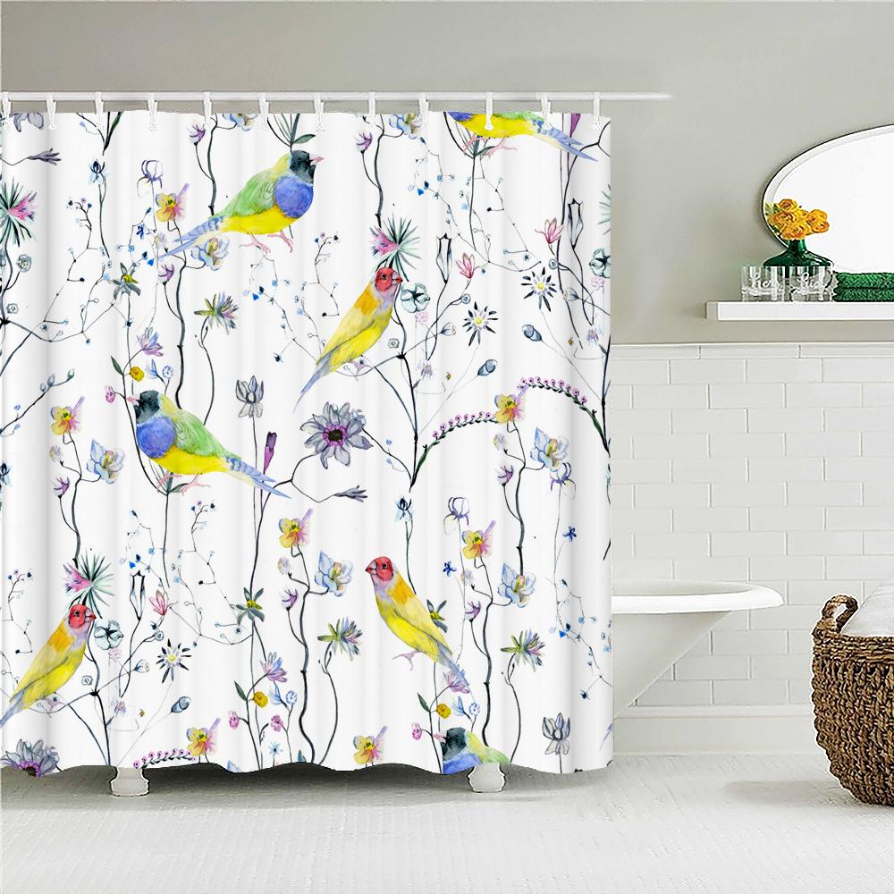 3D Colorful Flowers Leaves Birds Printing Bathroom Waterproof Shower Curtain with Hooks Home Decoration Polyester Bath Curtains