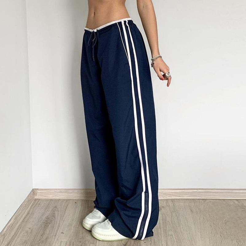 Women's Street Sports Webbing Colour Collision Casual Trousers Spring and Summer New Elastic Waist Tie Loose Wide Leg Trousers Tide