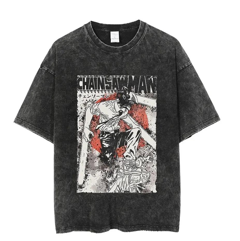 Vintage Washed Tshirts Chainsaw Man Anime T Shirt for Men Women Harajuku Oversize Tee Cotton Fashion Streetwear Unisex Tops