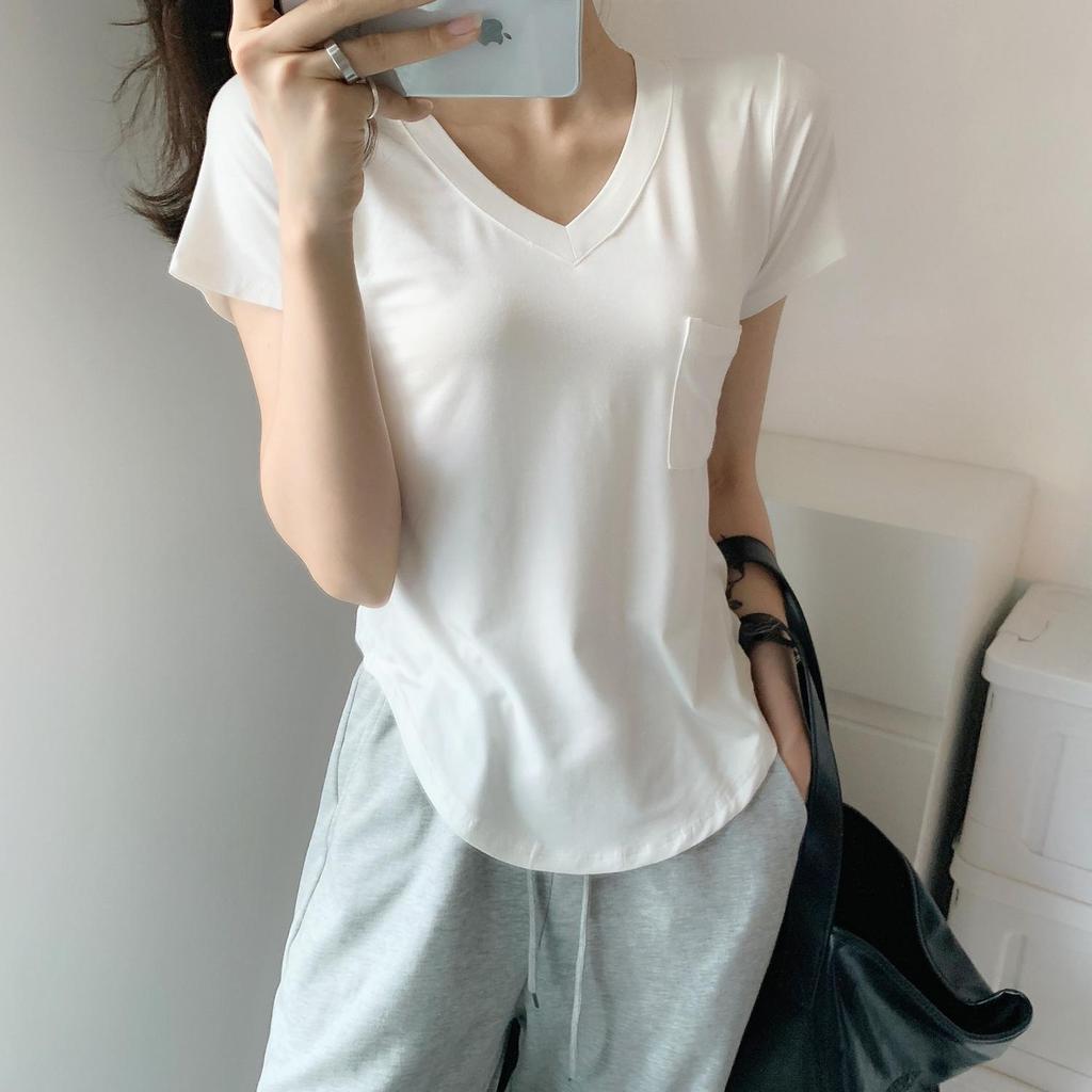 Pure Desire Wind Short-sleeved V-neck T-shirt Women's Summer New Loose and Careful Machine Pocket Top